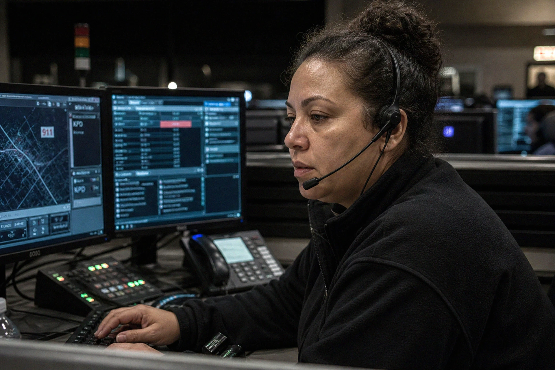 Dispatcher at a multi-screen 911 console