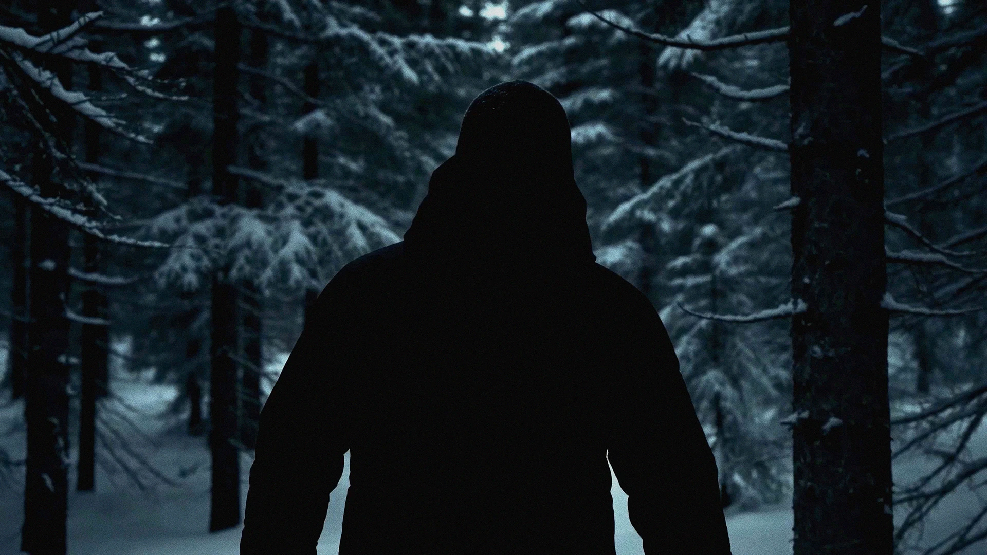 Cinematic still of a hooded figure in a snowy forest at night